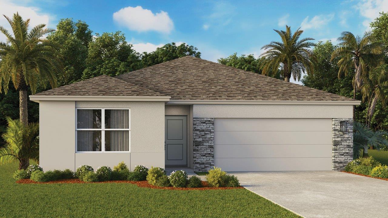 Lakeside modern exterior rendering with stone accents