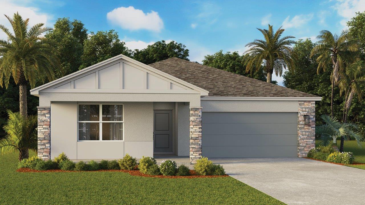 Modern Lakeside rendering with front porch and stone accents