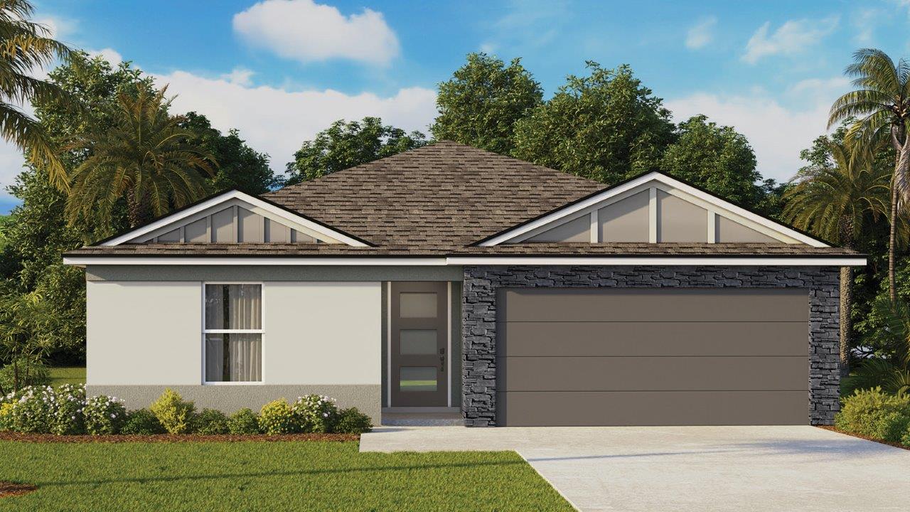 Front Exterior Image of a Single Family Home with 2-car Garage and stone