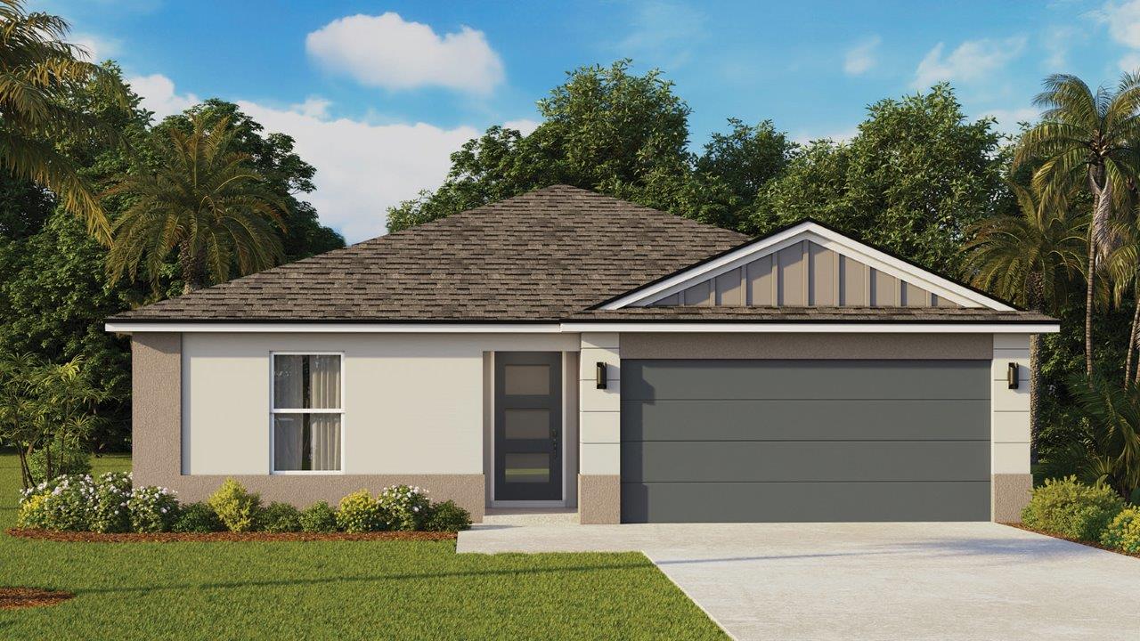 Front exterior image of a modern single family home with 2-car garage