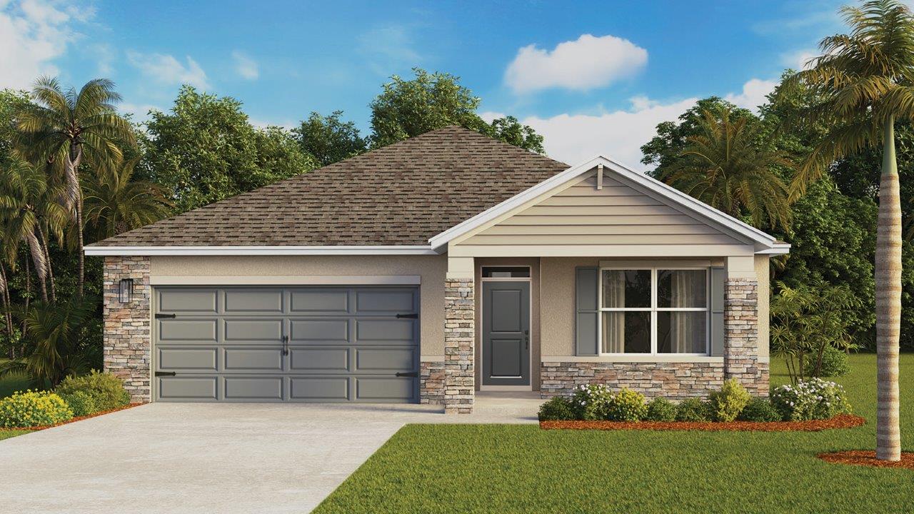 Single family home with front porch elevation and stone