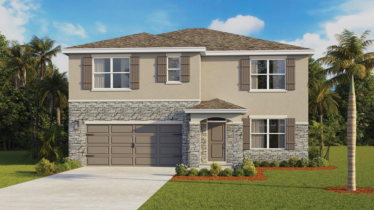 single-family two-story home with shutters, stone and a two-car garage