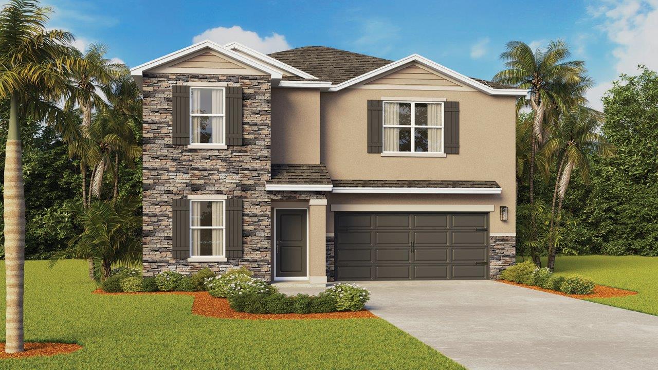 two-story home with stone accents and two-car garage