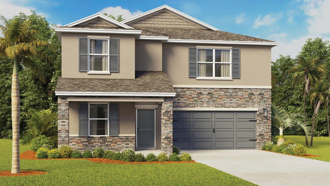 two-story home with front porch and stone accents