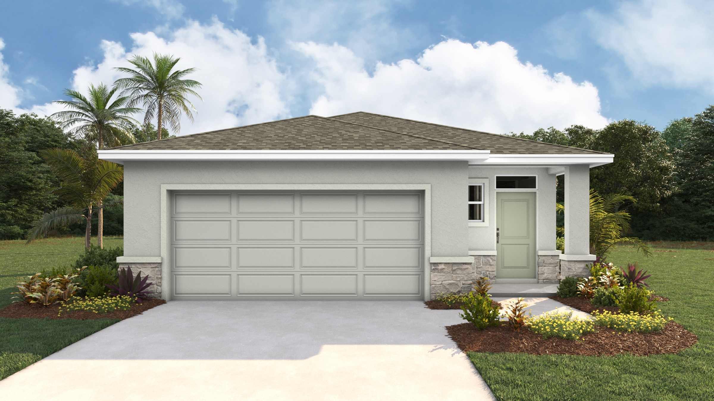 Single story new home with stucco, covered porch and 2 car garage.