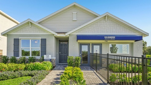 Single story new home with stucco, covered porch and 2 car garage. New construction land o lakes.