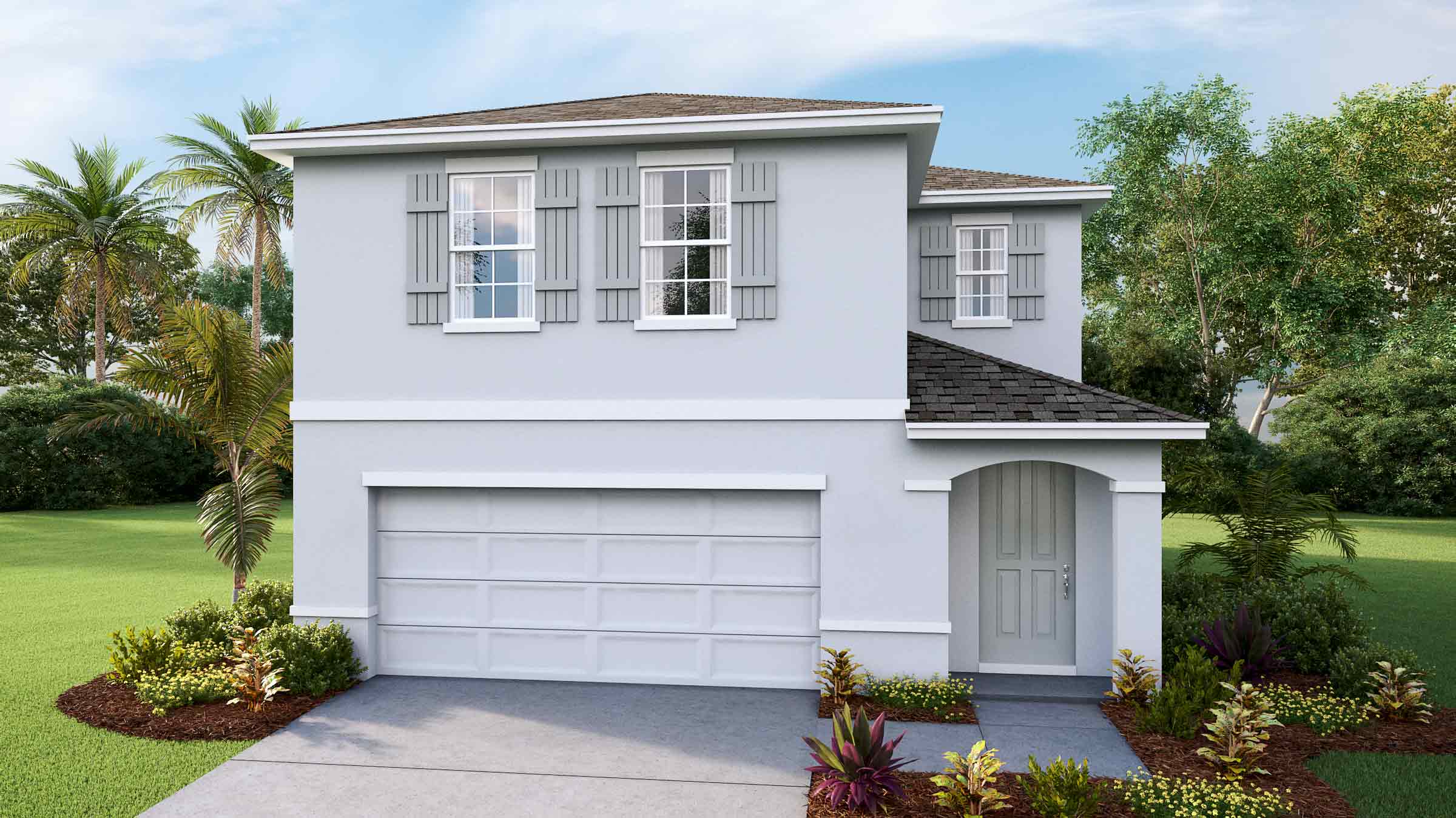 Two-story new home with stucco, covered porch and 2 car garage.