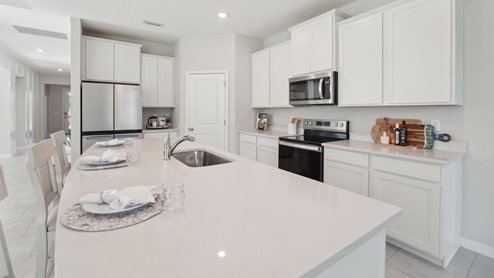 Kitchen with island seating, quartz counters, spacious pantry and stainless-steel appliances. New construction land O Lakes.