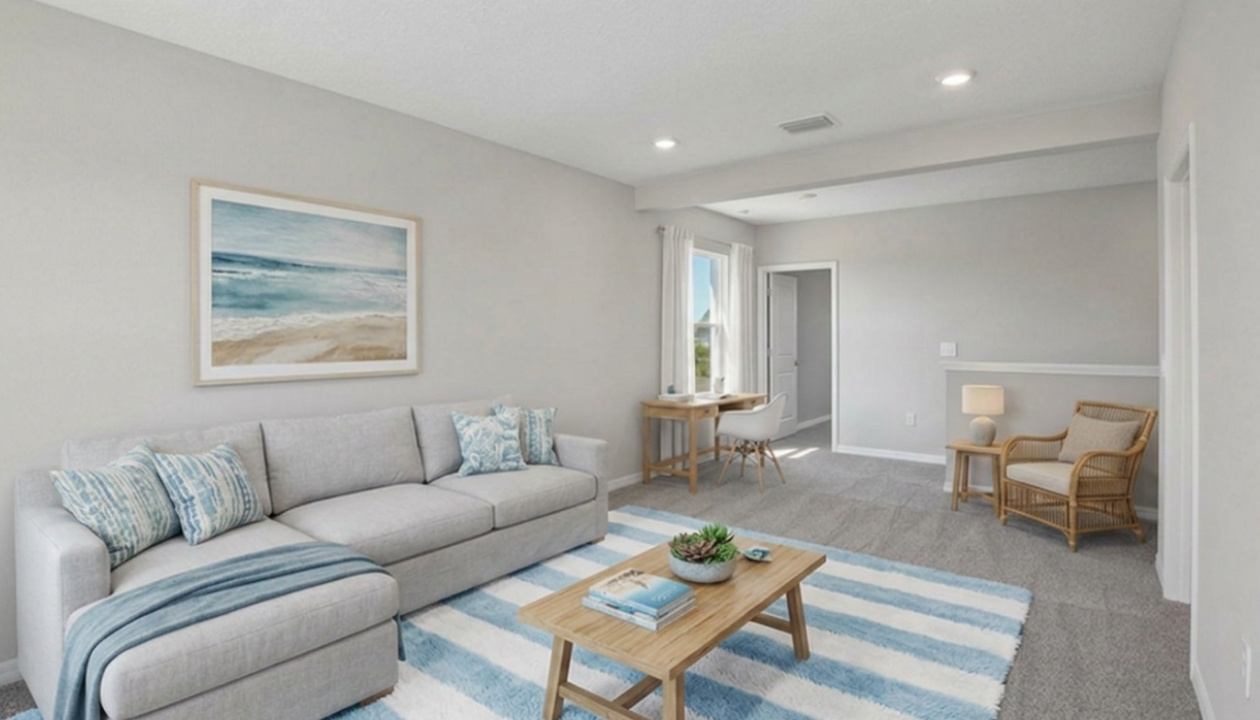 Open concept living area with couch seating and access to the backyard thru slider door.