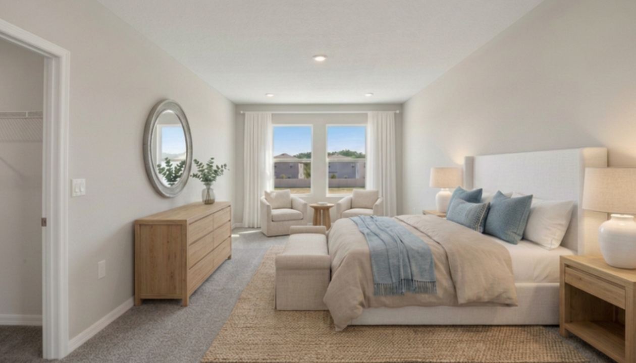 Spacious primary bedroom with king size bed, carpet flooring, natural lighting and a walk in closet.