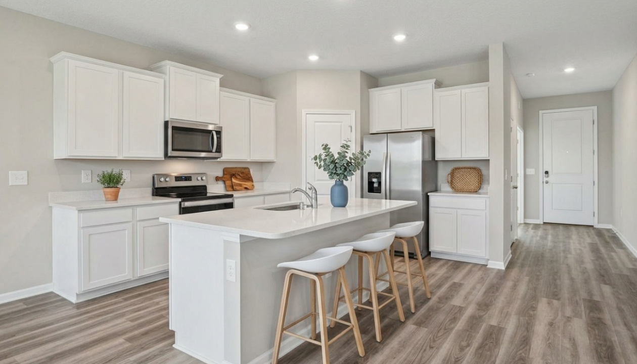Kitchen with island seating, quartz counters, spacious pantry and stainless-steel appliances.