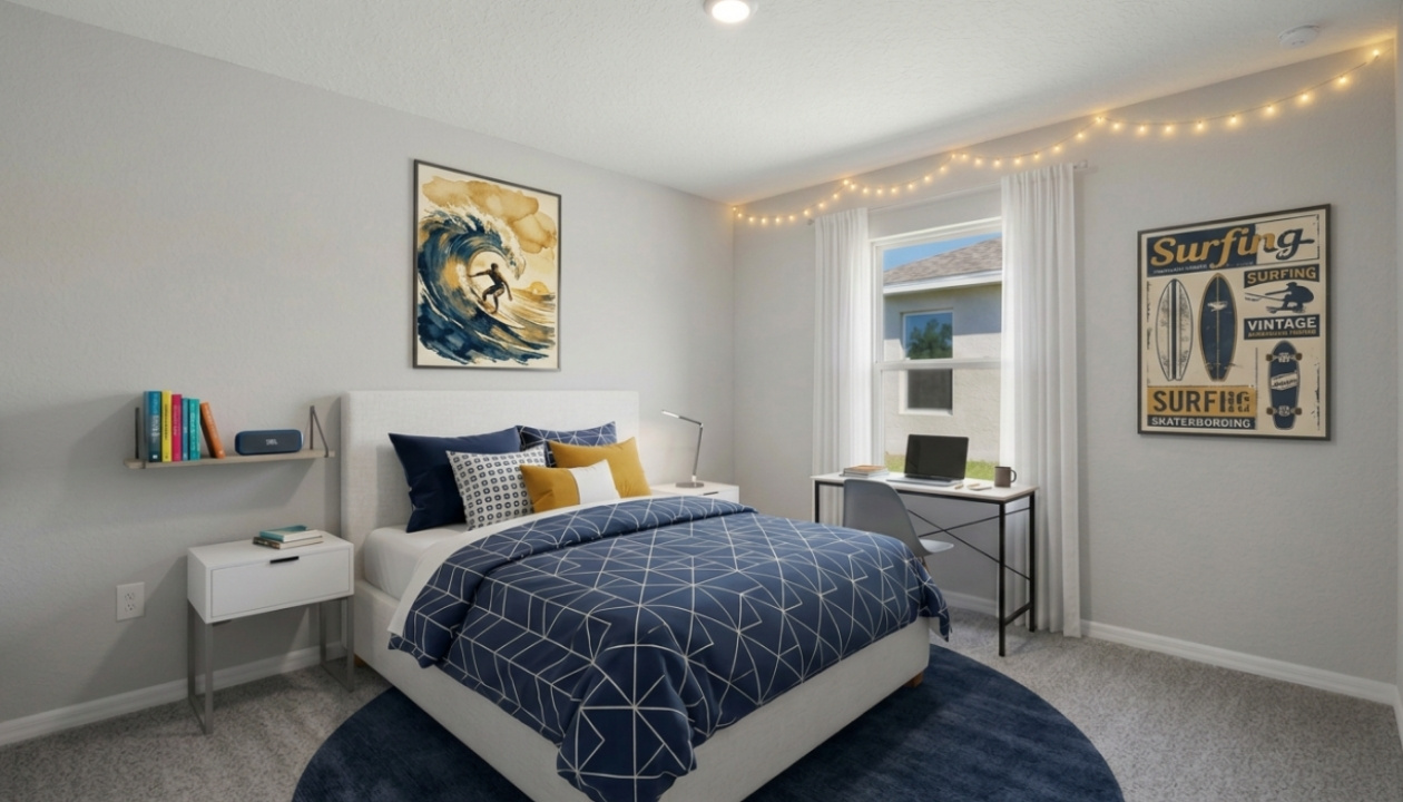 Guest bedroom with bed, nightstands and a roomy closet for storage.