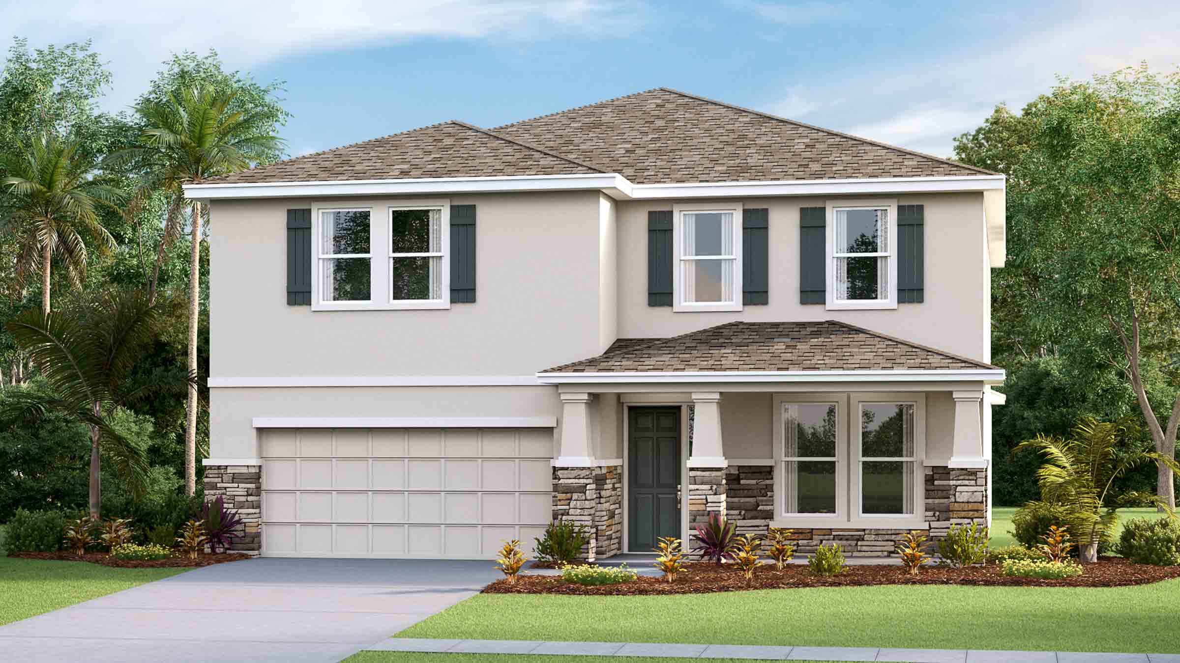 Two-story new home with stucco, covered porch and 2 car garage.