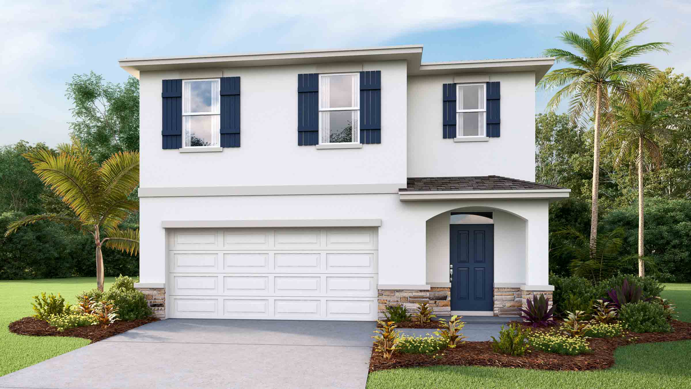 Two-story new home with stucco, covered porch and 2 car garage.
