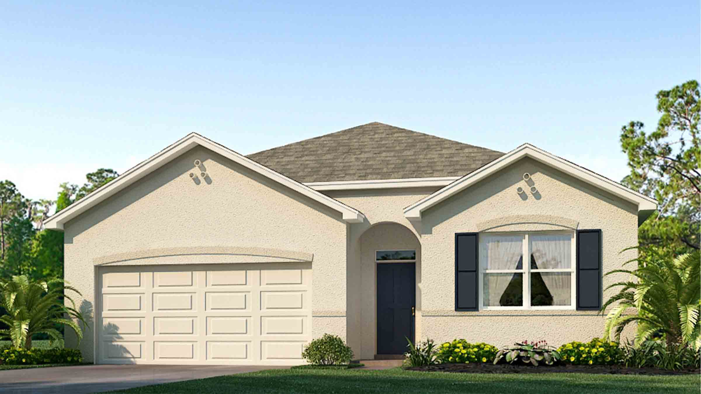 Single story new home with stucco, covered porch and 2 car garage.
