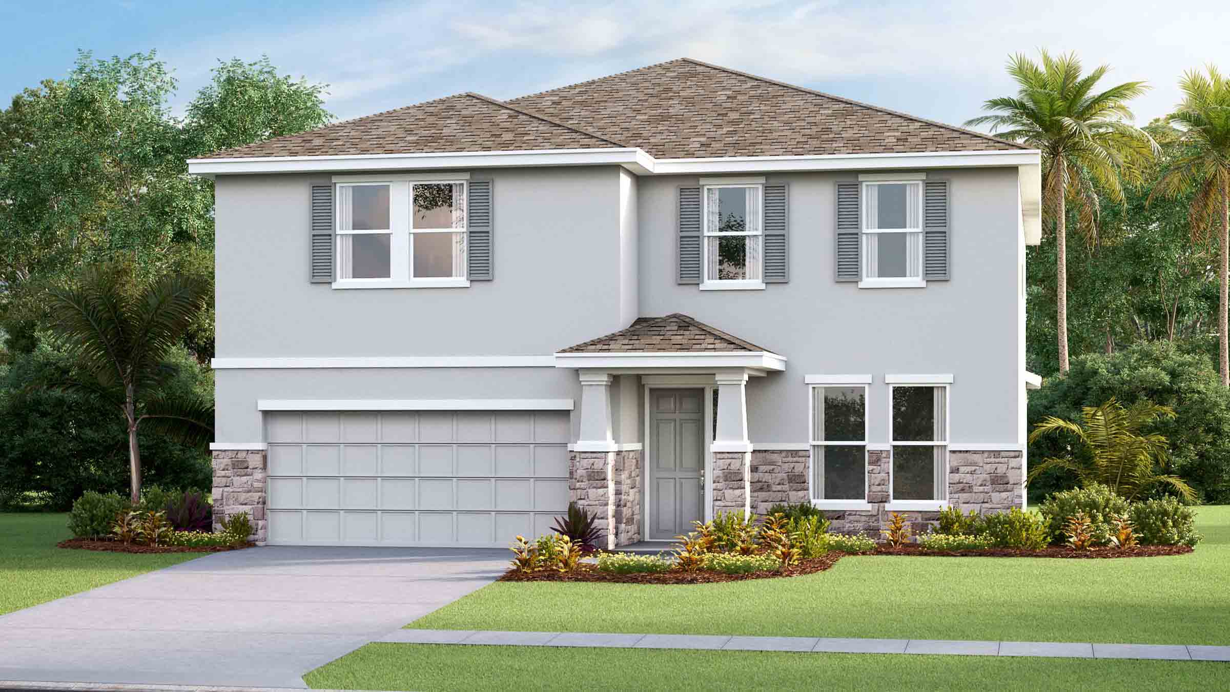Two-story new home with stucco, covered porch and 2 car garage.
