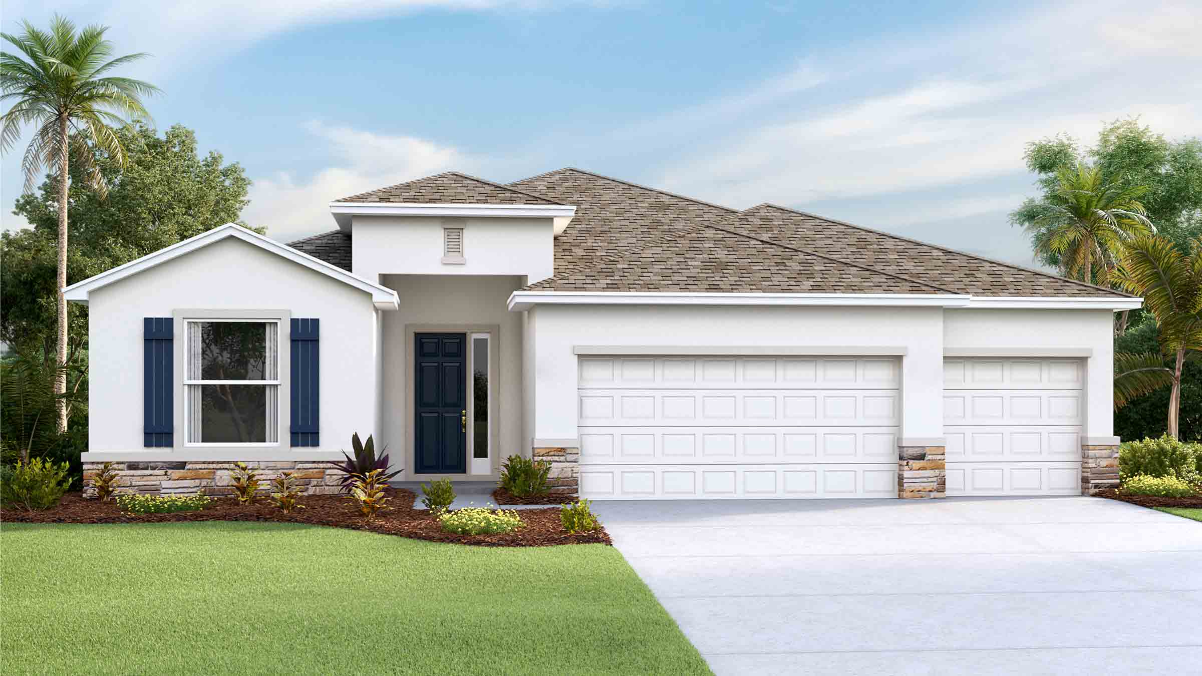 Single story new home with stucco, covered porch and 2 car garage.