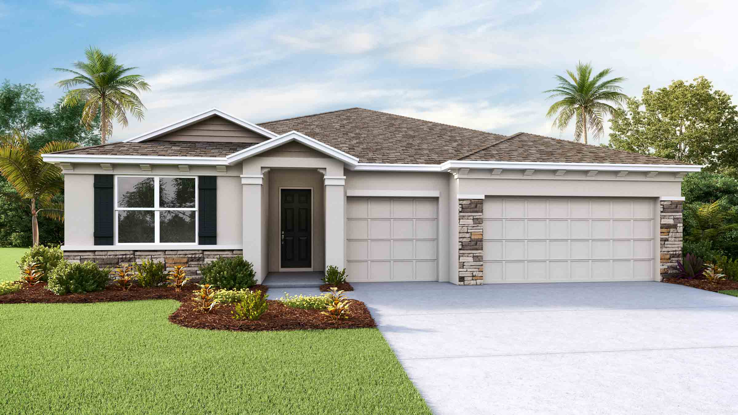 Single story new home with stucco, covered porch and 2 car garage.