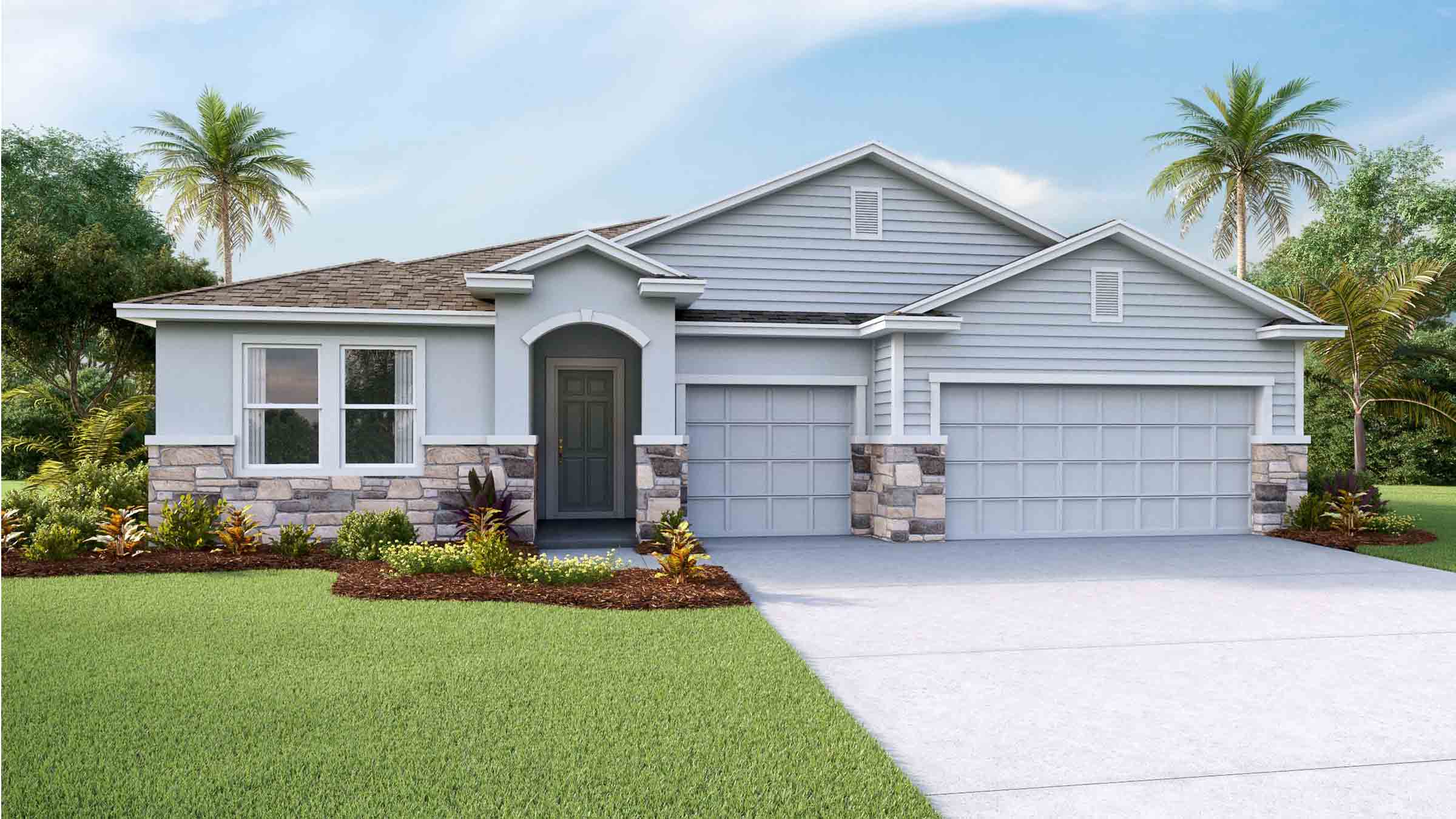Single story new home with driveway, large windows, and grassy front yard.