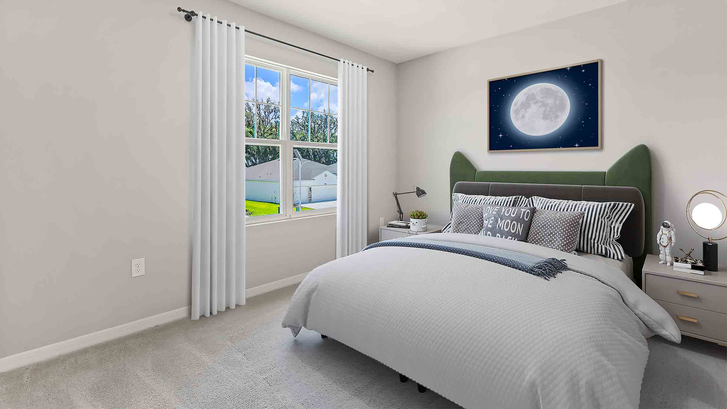 Guest bedroom with bed, nightstands and a roomy closet for storage.