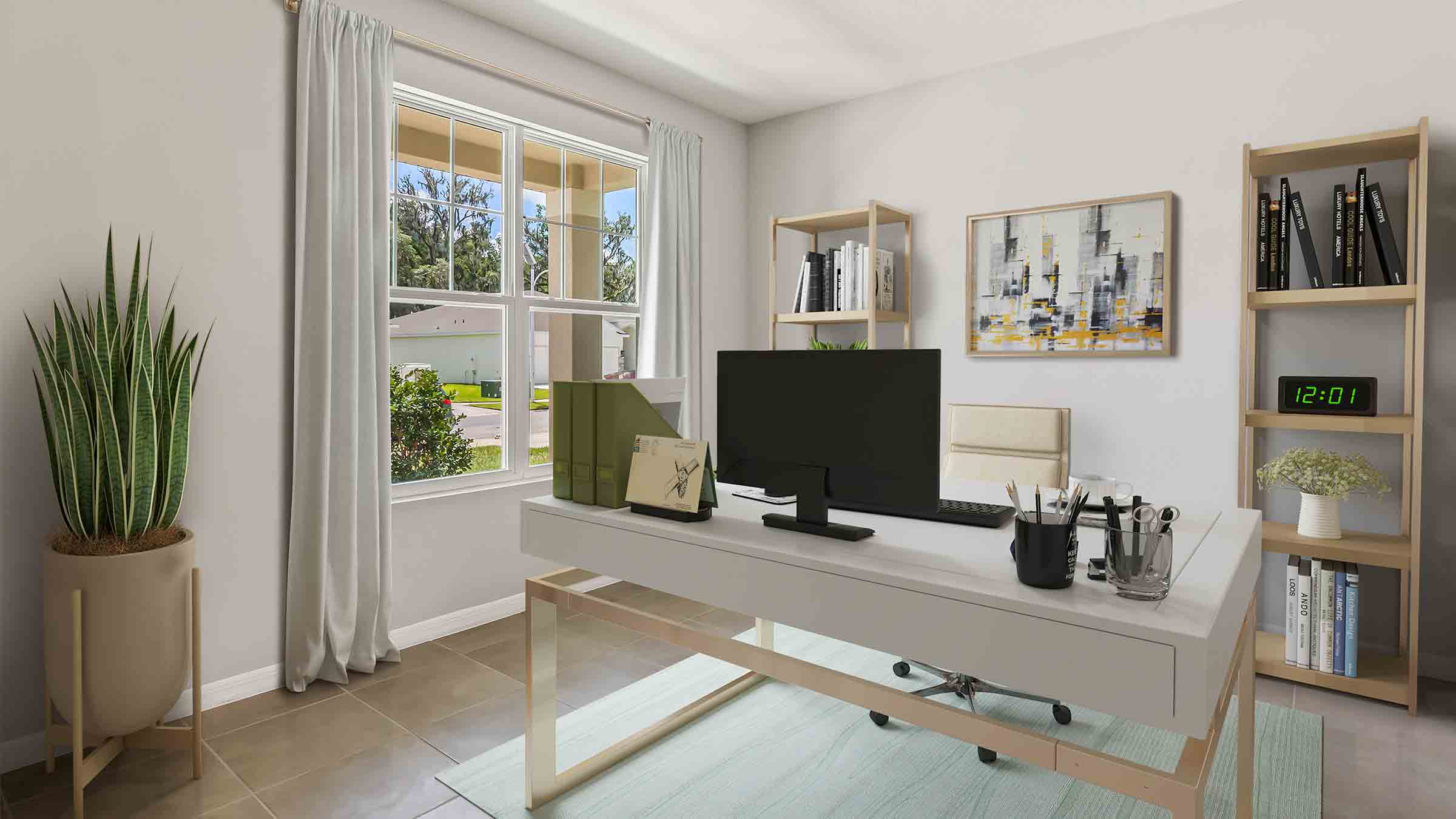 Functional home office with desk, chairs and space to work or play.