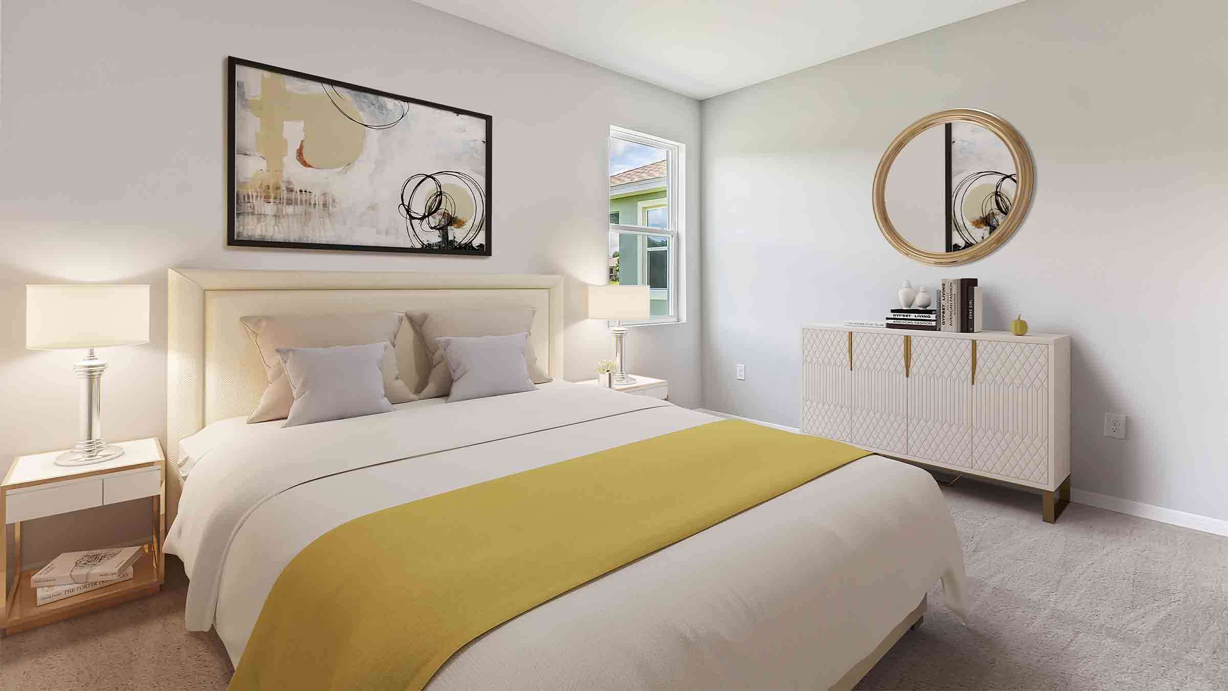 Guest bedroom with bed, nightstands and a roomy closet for storage.