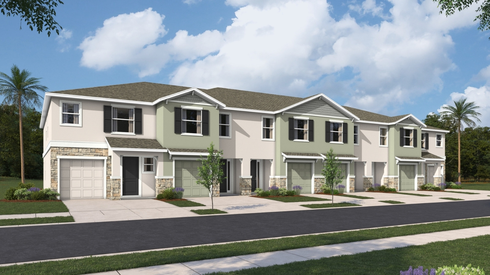 Two-story townhome with stucco exterior and windows