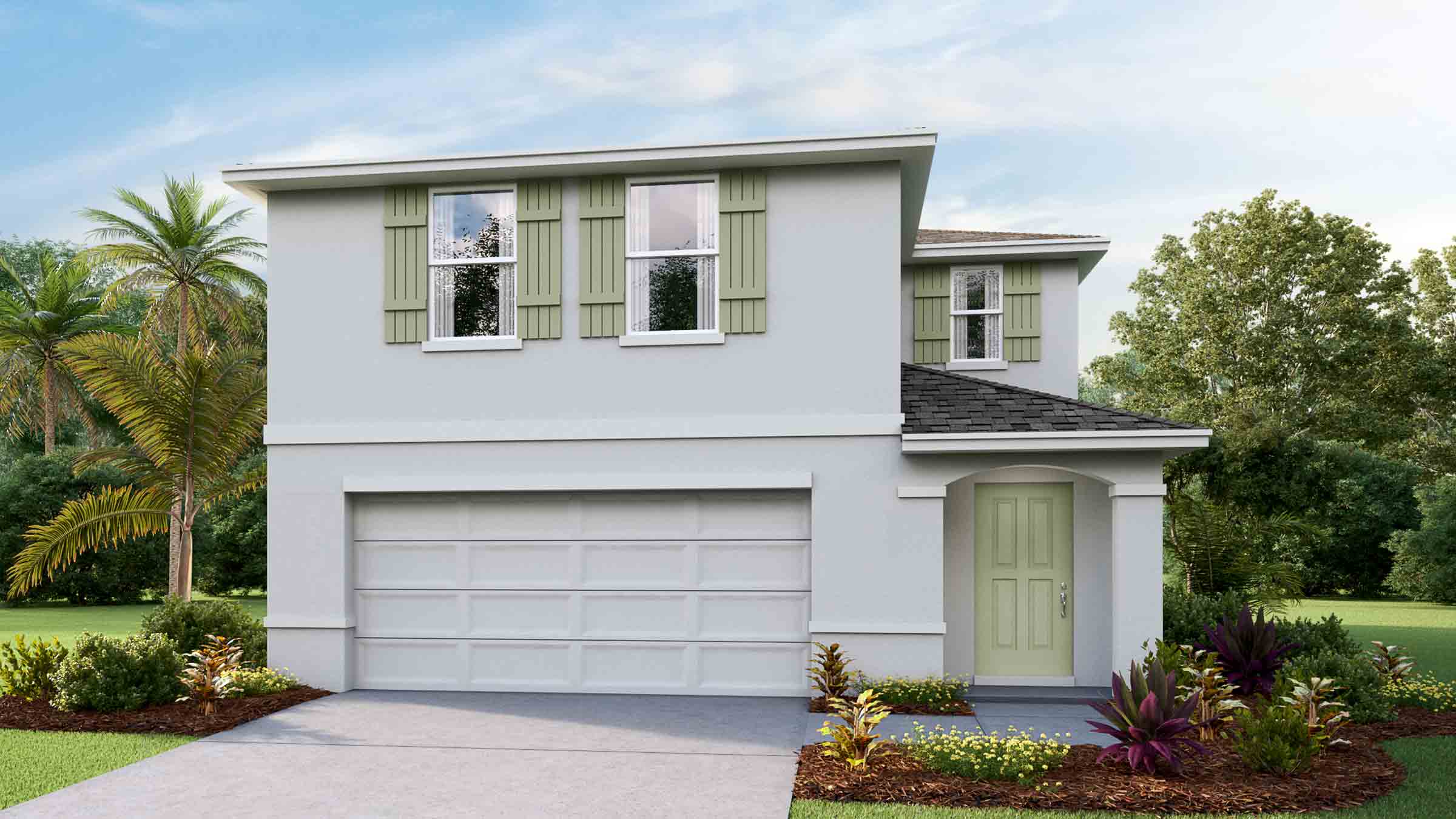 Two-story new home with stucco, covered porch and 2 car garage.