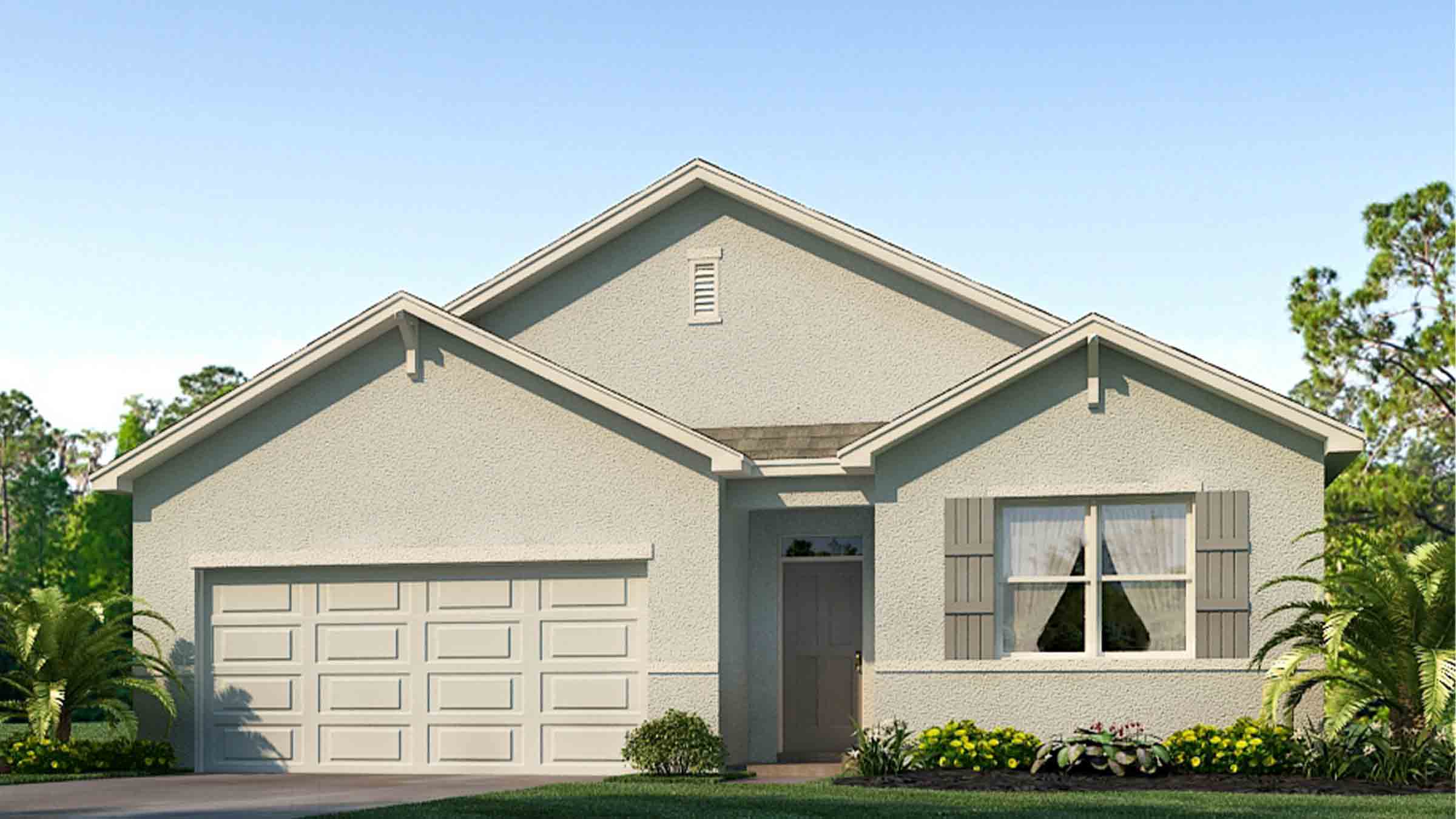 Single story new home with stucco, covered porch and 2 car garage.