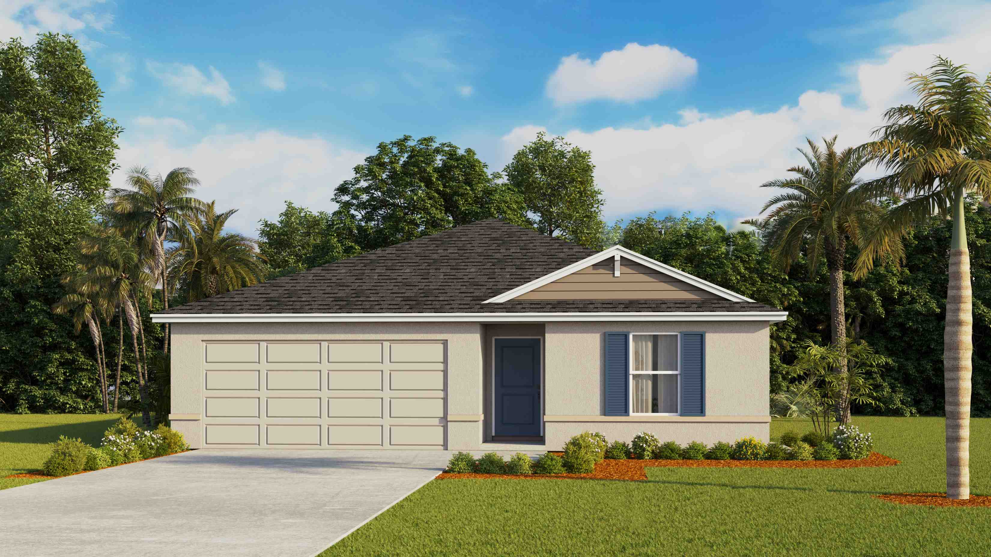 Single story new home with stucco, covered porch and 2 car garage.