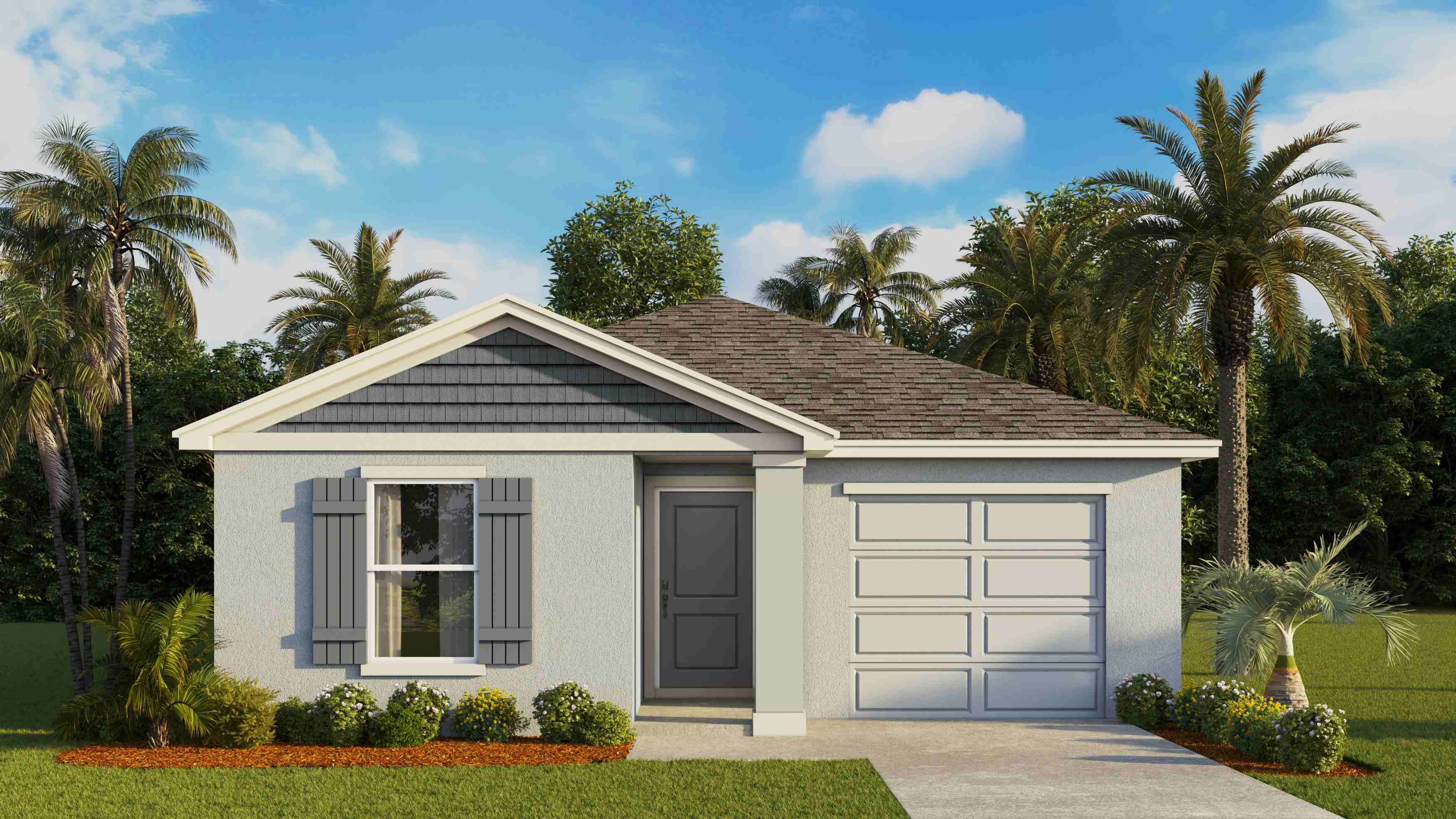 Single story new home with stucco, covered porch and 2 car garage.
