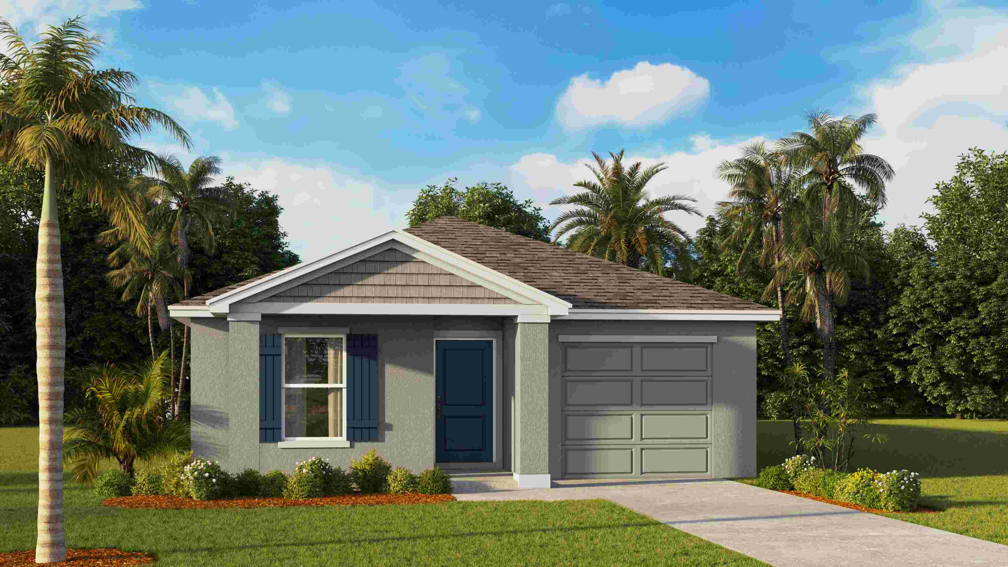 Single story new home with driveway, large windows, and grassy front yard.