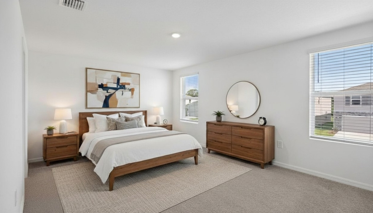 Spacious primary bedroom with king size bed, carpet flooring, natural lighting and a walk in closet.