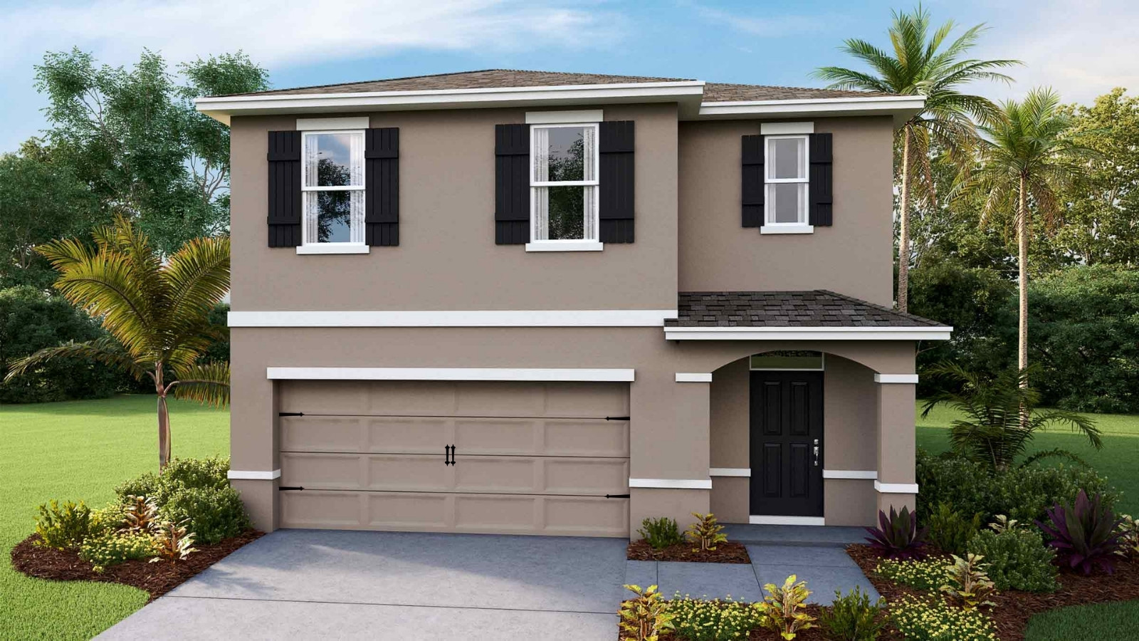 Two-story new home with stucco, covered porch and 2 car garage.