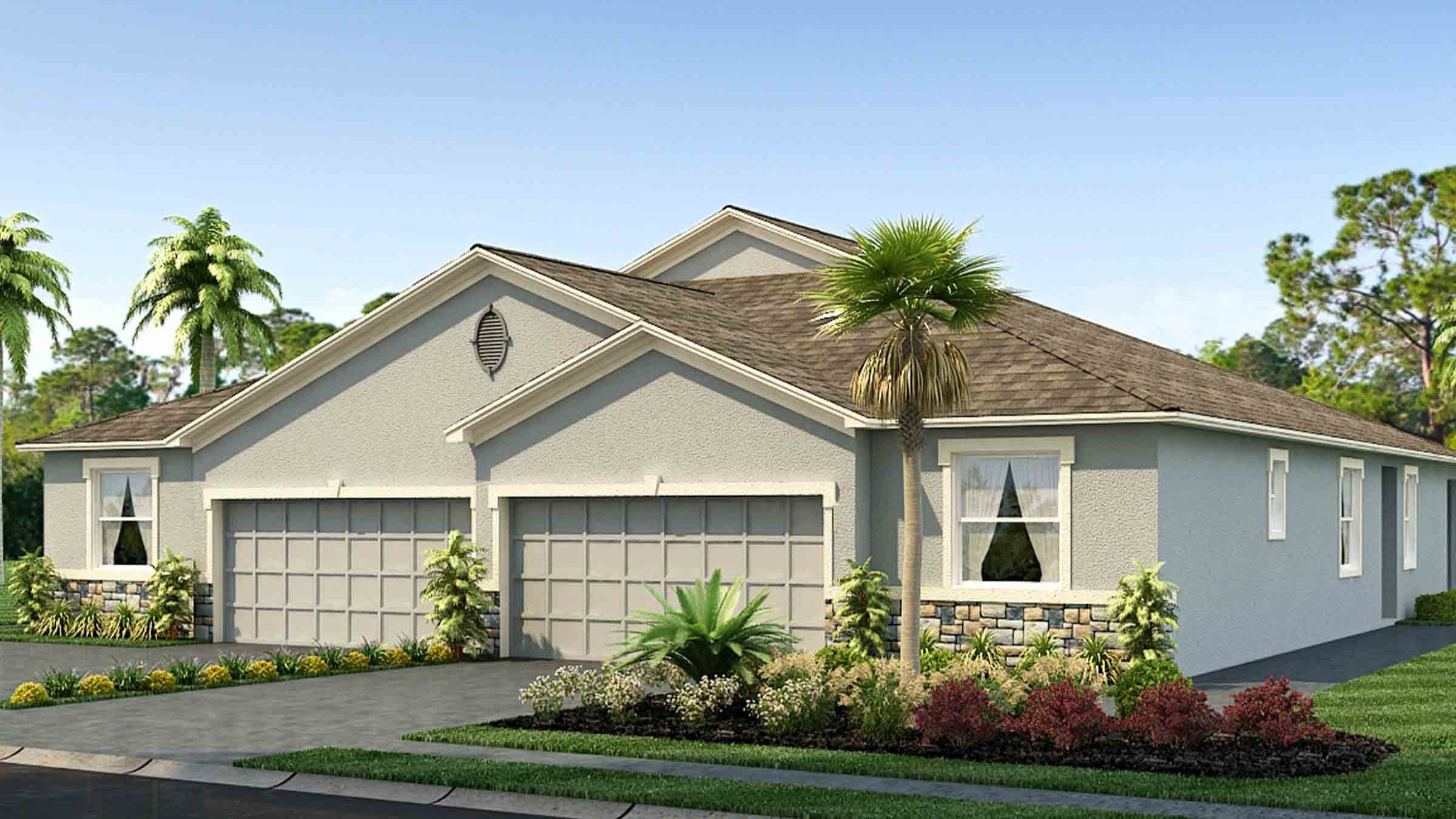 Single story new home with stucco, covered porch and 2 car garage.