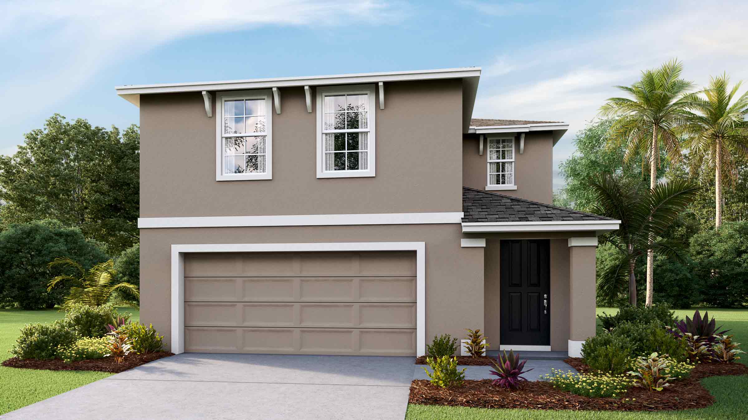 Two-story new home with stucco, covered porch and 2 car garage.