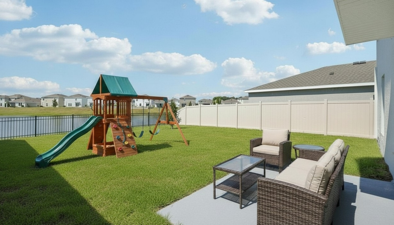 Rear of home with view of grassed backyard, porch seating and slider glass doors.