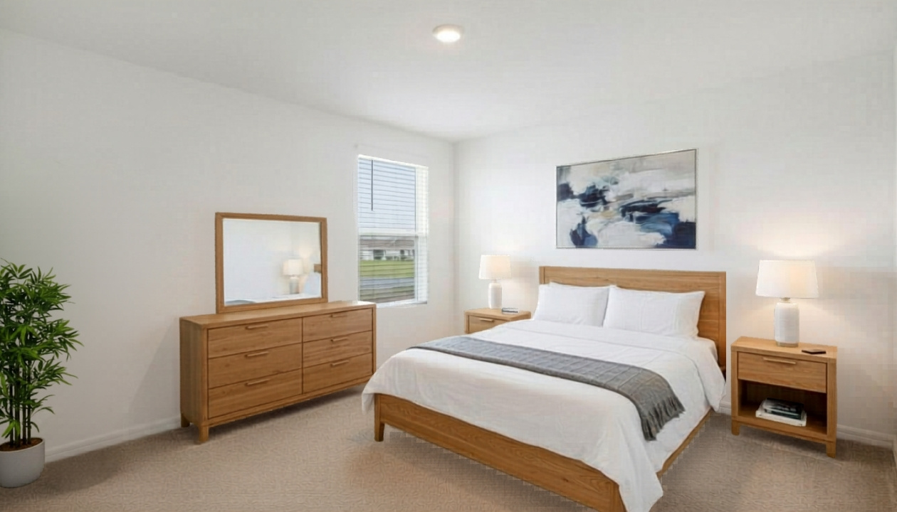 Guest bedroom with bed, nightstands and a roomy closet for storage.