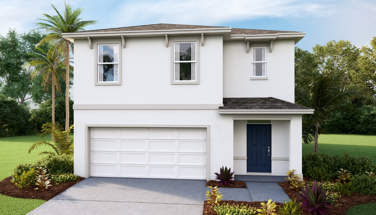 Two-story new home with stucco, covered porch and 2 car garage.