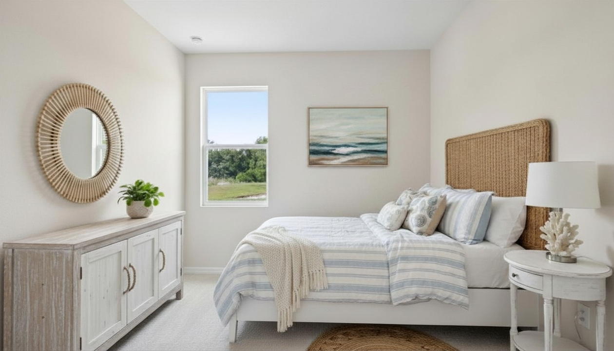 Guest bedroom with bed, nightstands and a roomy closet for storage.