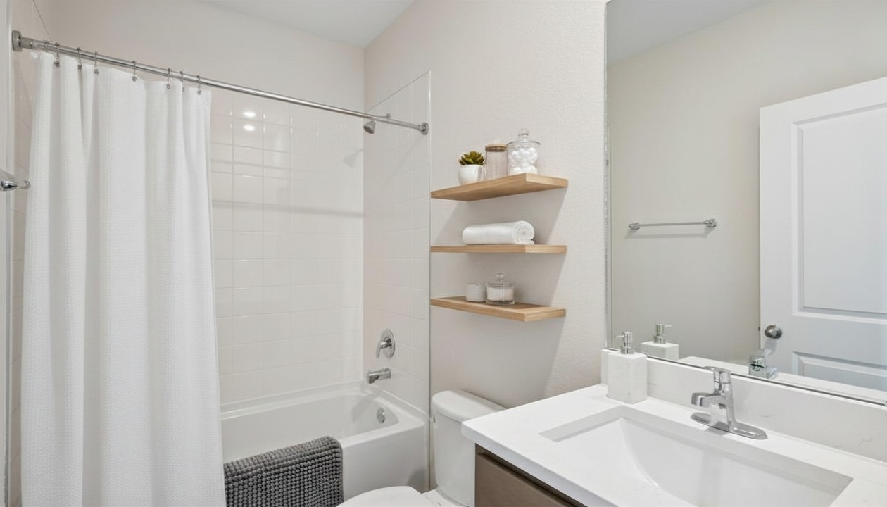 Modern bathroom with single bowl sink, quartz vanity, wall mirror, cabinets and toilet.