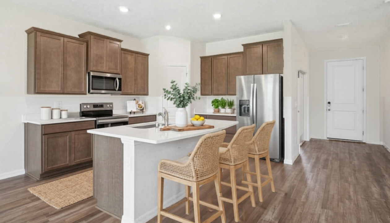 Kitchen with island seating, quartz counters, spacious pantry and stainless-steel appliances.