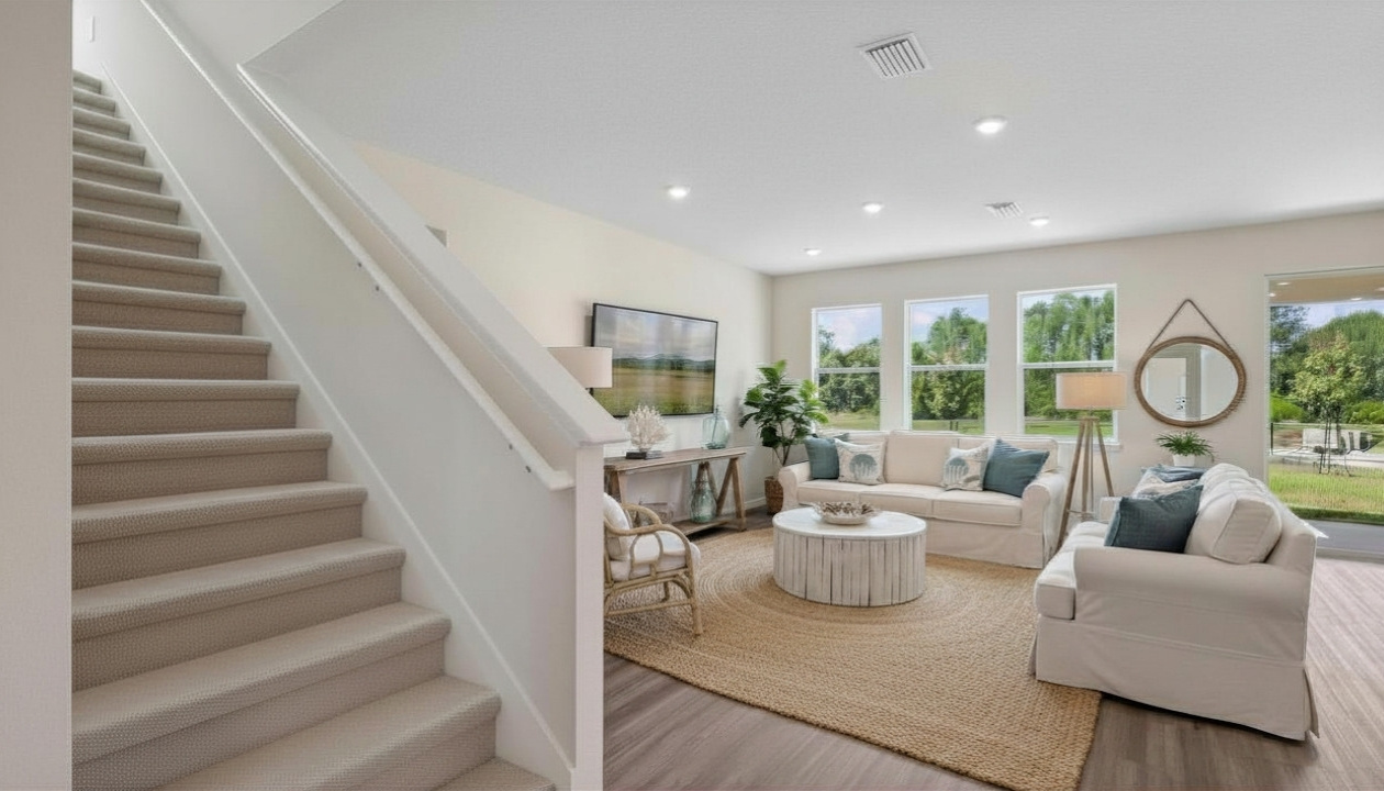 Open concept living area with couch seating and access to the backyard thru slider door.