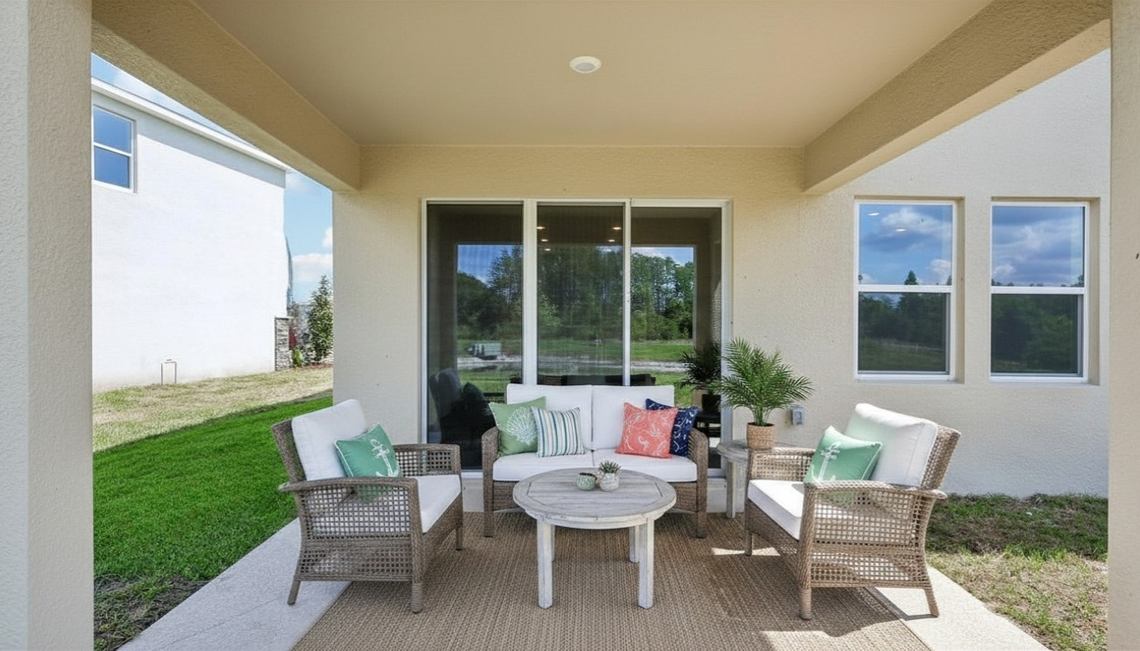 Home backyard with covered lanai, and room for entertaining.