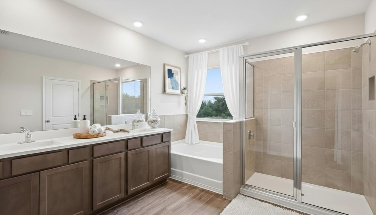 Modern bathroom with double vanity sinks, large wall mirror, cabinets and quartz countertops.