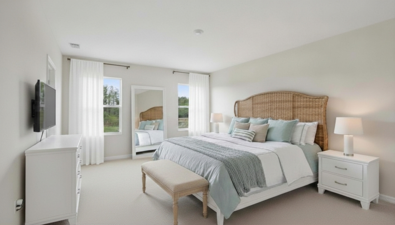 Spacious primary bedroom with king size bed, carpet flooring, natural lighting and a walk in closet.