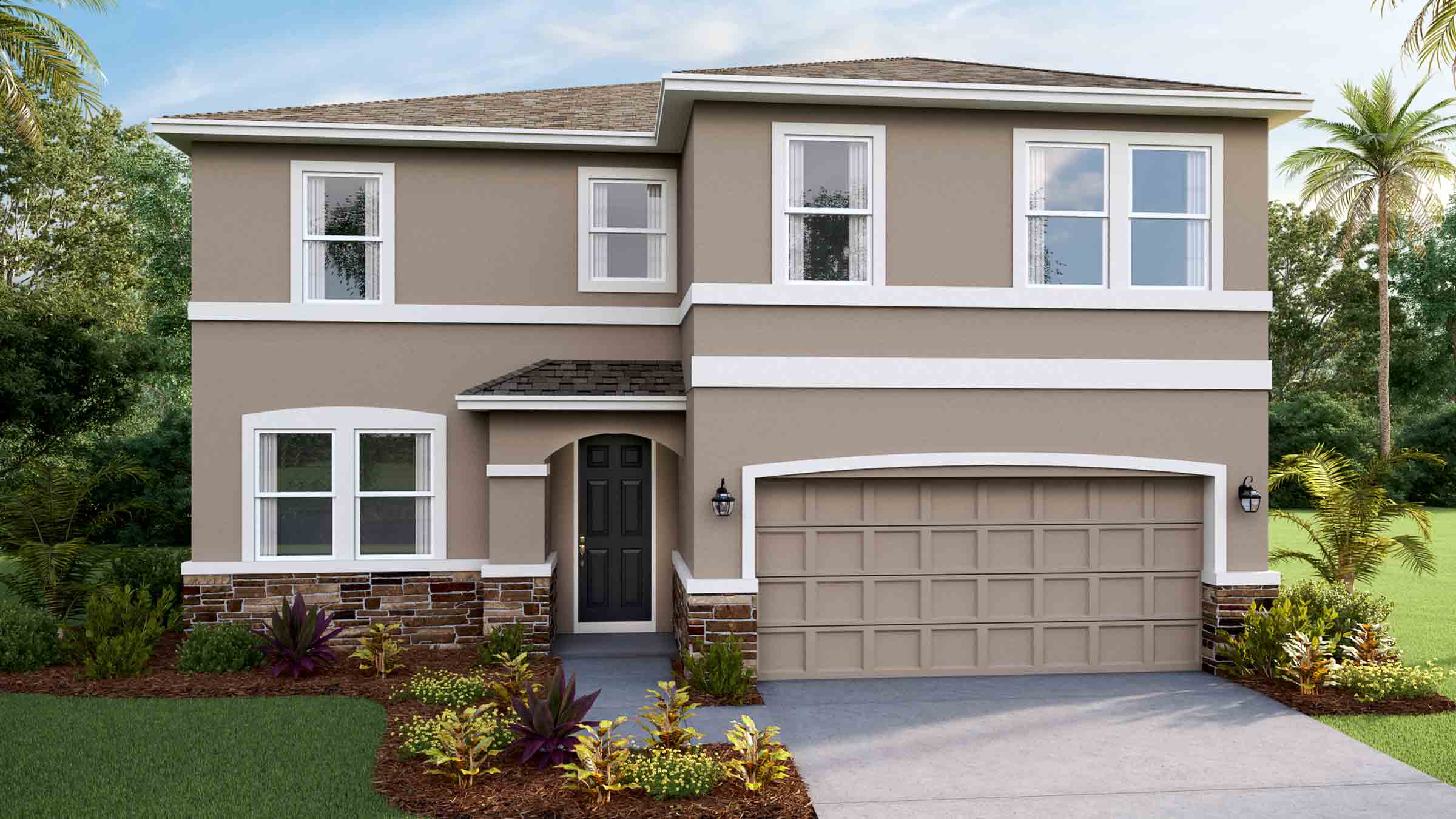 Two-story new home with stucco, covered porch and 2 car garage.