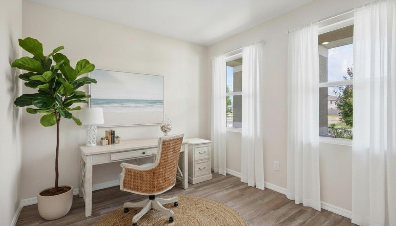 Functional home office with desk, chairs and space to work or play.