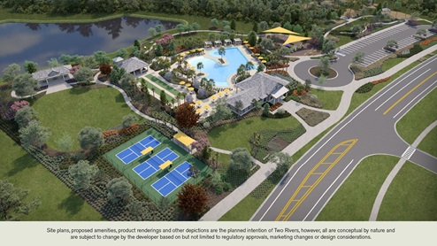Aerial view of entire Two Rivers - Archer including bocce ball, dog park, pickleball, cabana, club house, fire pits, pool, kids tot lot