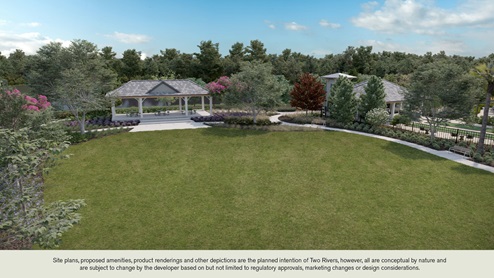 Aerial view of our events space Two Rivers - Archer at the main club house, dog park, pickleball, cabana, fire pits, pool